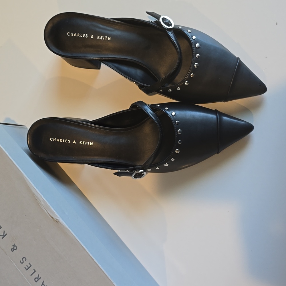 Charles & Keith Black Studded MulesStudded Pointed-Toe Block Heel Mules - Black